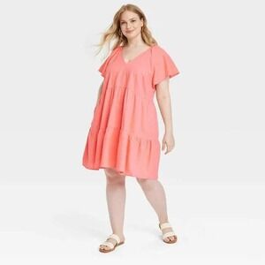 Universal Thread Coral Linen Blend Women's Mini Babydoll Skater Dress, Size XXL